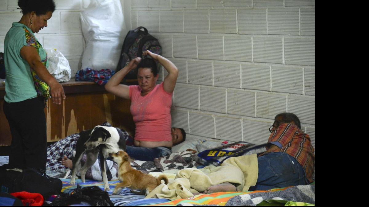 
Damnificados con sus perros permanecen el martes en un refugio en Salgar, Colombia, tras una avalancha que causó al menos 62 muertos y 40 heridos, el lunes.
