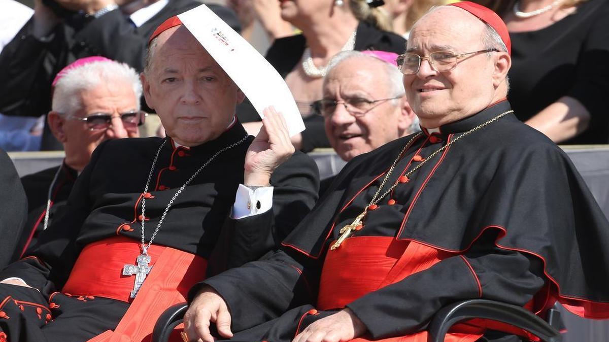 
El arzobispo de La Habana, Jaime Ortega (der), junto al arzobispo de Lima, Juan Luis Cipriani, durante una audiencia del Papa Francisco en la Plaza de San Pedro el 3 de junio del 2015.
