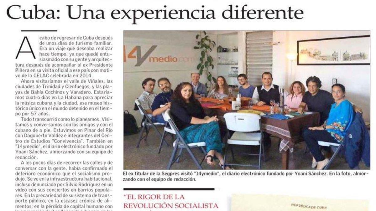 Página del periódico El Mercurio, donde se publicó el artículo del exministro Cristián Larroulet. En el centro de la imagen, una foto del equipo del sitio digital 14ymedio.