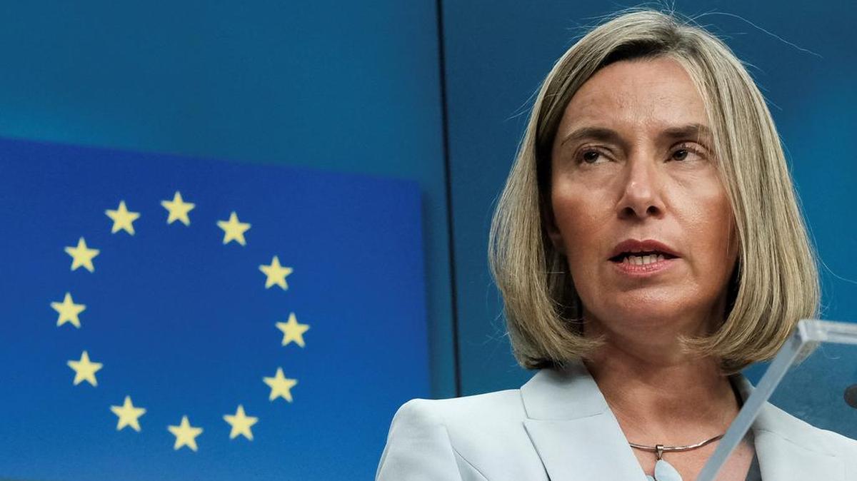 La jefa de la diplomacia europea, Federica Mogherini, ofrece una rueda de prensa en Bruselas (Bélgica) el 14 de mayo de 2018.