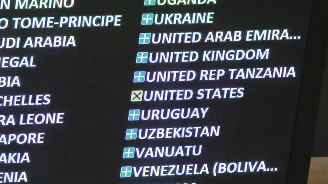 La pantalla electrónica que muestra el resultado de la votación sobre la resolución de Naciones Unidas que condena el embargo a Cuba, con la abstención de Estados Unidos.