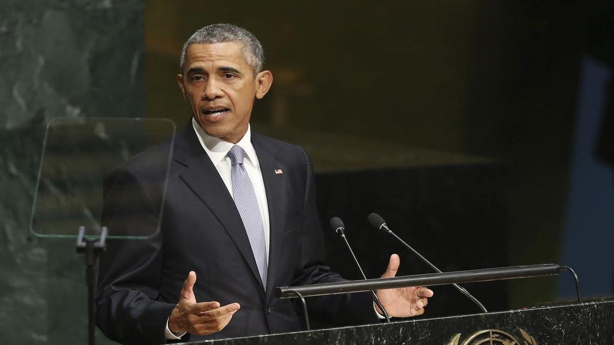 
El presidente estadounidense Barack Obama durante su intervención en el debate anual de alto nivel de la Asamblea General de la ONU celebrado en su sede de Nueva York, Estados Unidos hoy 28 de septiembre de 2015. 
