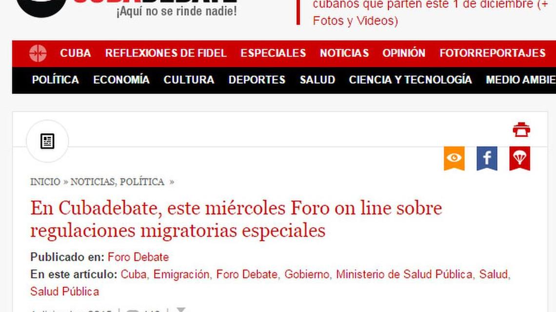 Artículo anunciando el foro en la web oficialista Cubadebate para discutir las últimas regulaciones migratorias.