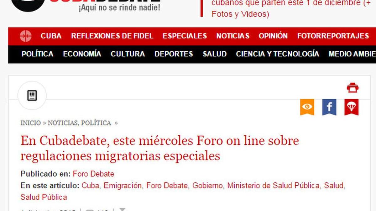 Artículo anunciando el foro en la web oficialista Cubadebate para discutir las últimas regulaciones migratorias.