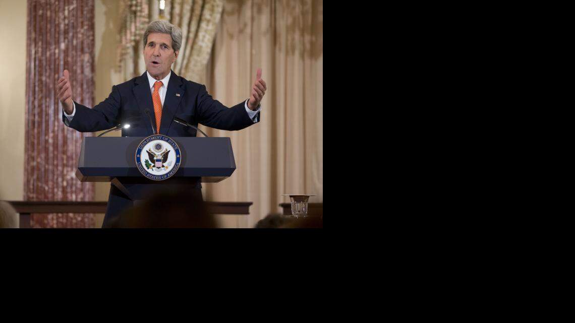 
John Kerry, secretario de Estado de Estados Unidos, en Washinton D.C., agradeciendo a Cuba por su contribución en la batalla contra el ébola en Africa. 
