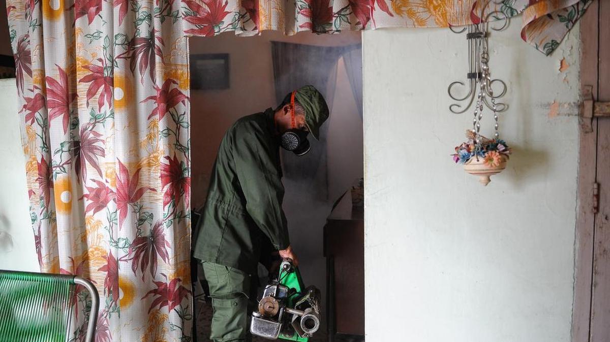 Las autoridades de salud, con la ayuda del ejército cubano, fumigan contra el mosquito Aedes aegypti, para evitar la propagación del virus zika, el chikungunya y el dengue en una calle de La Habana, el 23 de febrero de 2016. 
