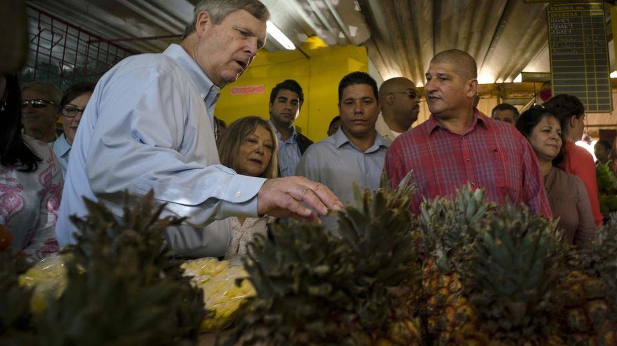 El secretario de Agricultura de Estados Unidos, Thomas Vilsack, mira productos durante una visita a un mercado en La Habana, en una imagen de noviembre del 2015.