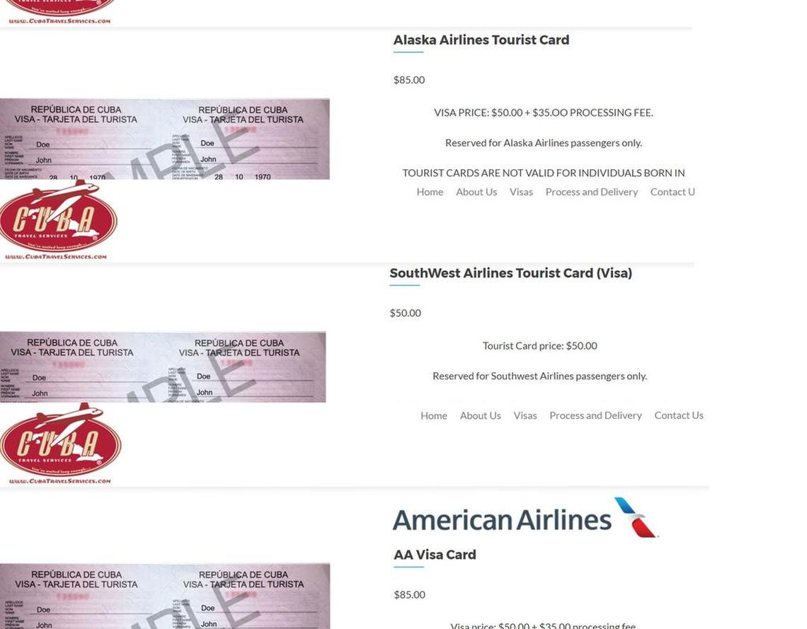 Capturas de pantalla del sitio web de Cuba Travel Services que muestran los diferentes precios de la visa cubana para diferentes aerolíneas.