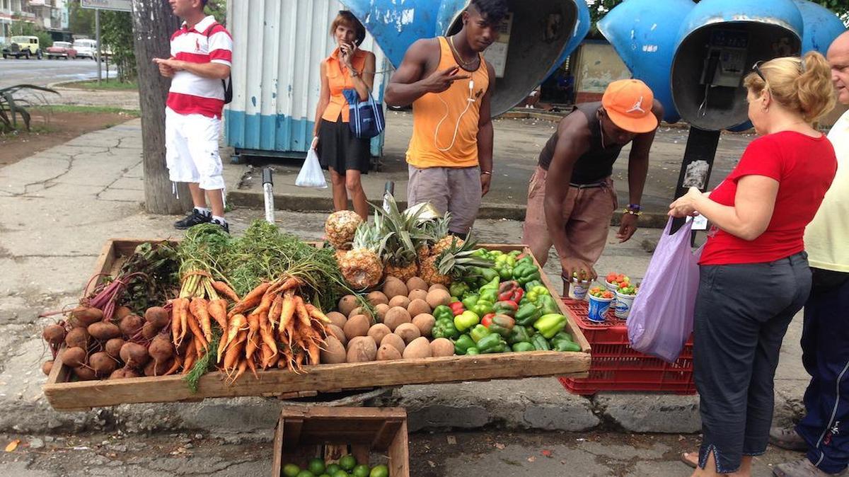 Dos jóvenes carretilleros venden sus productos en una calle de La Habana.