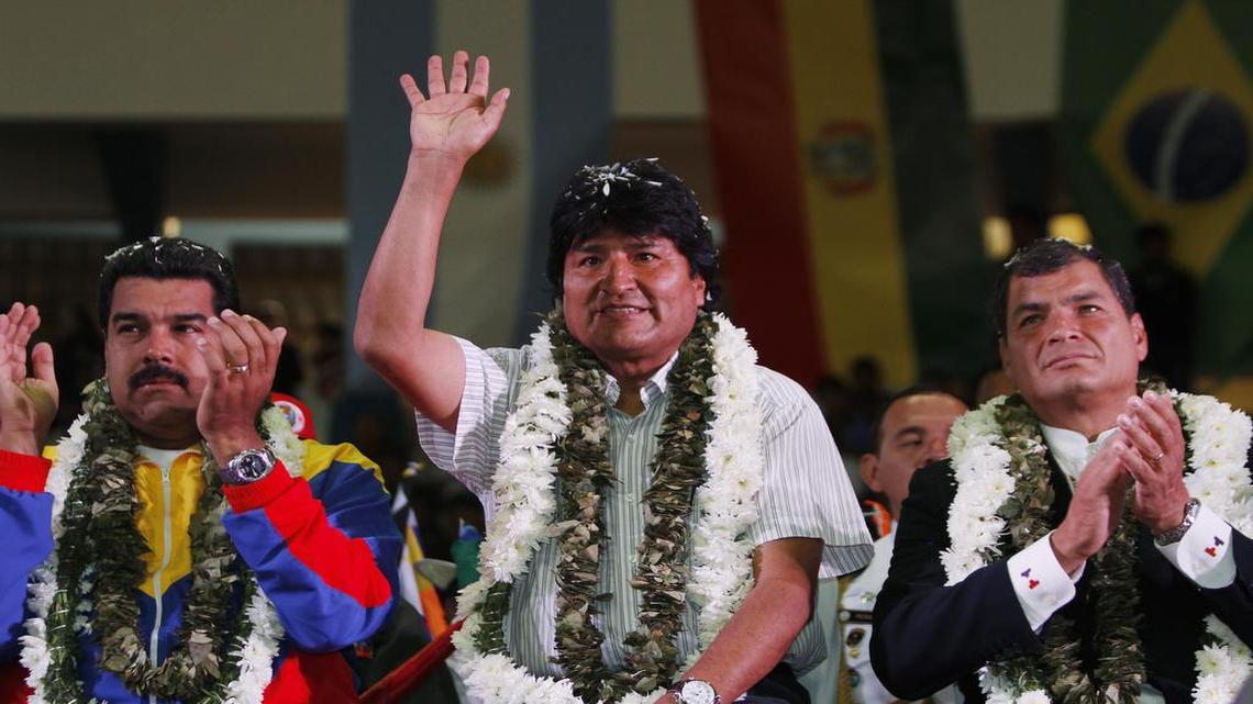 Los presidentes Nicolás Maduro (izquierda), de Venezuela; Evo Morales (centro0, de Bolivia, y Rafael Correa, de Ecuador, han sido fuertes aliados del gobierno cubano.