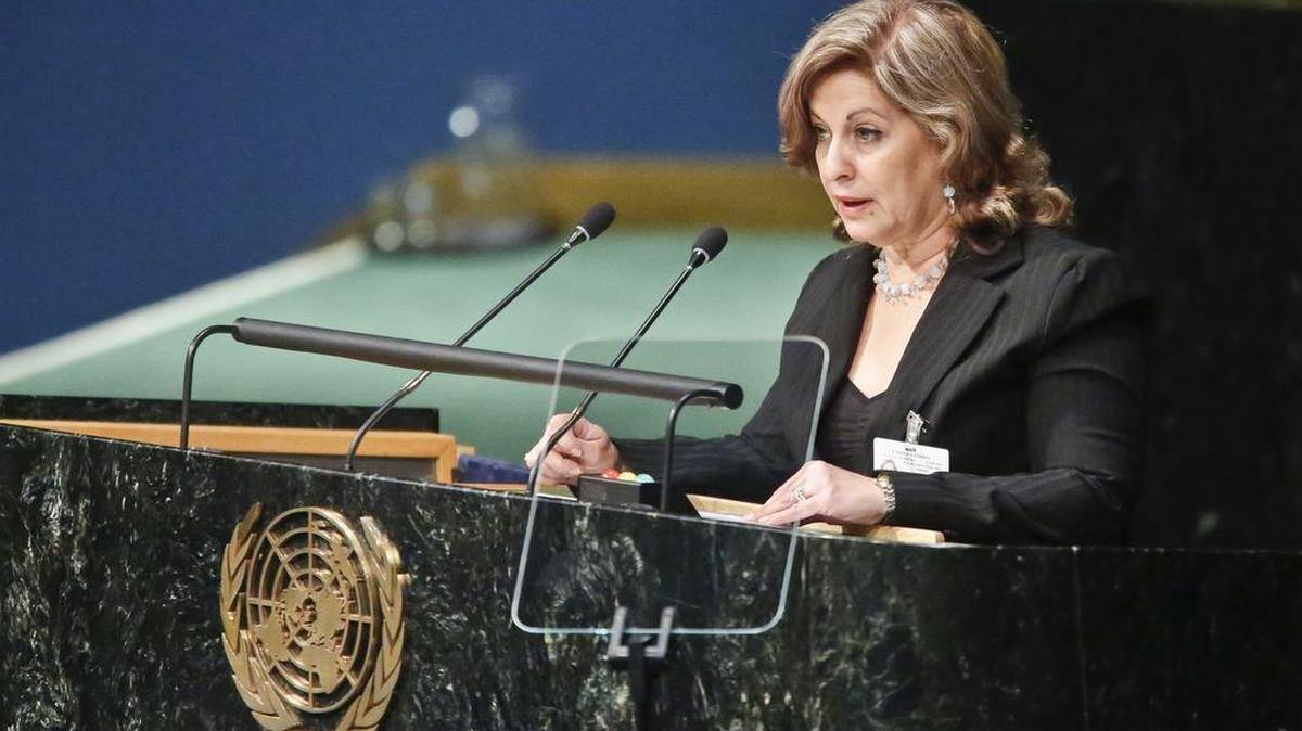 La ministra cubana de Justicia María Esther Reus González habla el miércoles en Naciones Unidas.