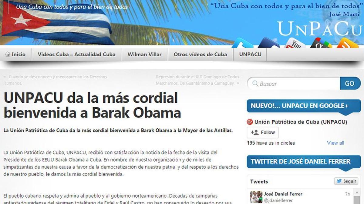 Imagen del portal digital del grupo opositor cubano UNPACU, dándole la bienvenida al presidente de EEUU, Barack Obama.