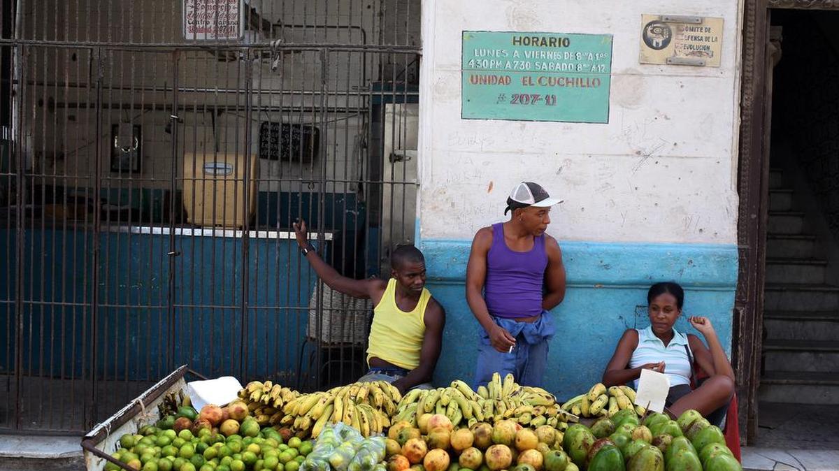 Fotografía del 30 de agosto de 2013 de un vendedor ambulante ofreciendo frutas en La Habana (Cuba).