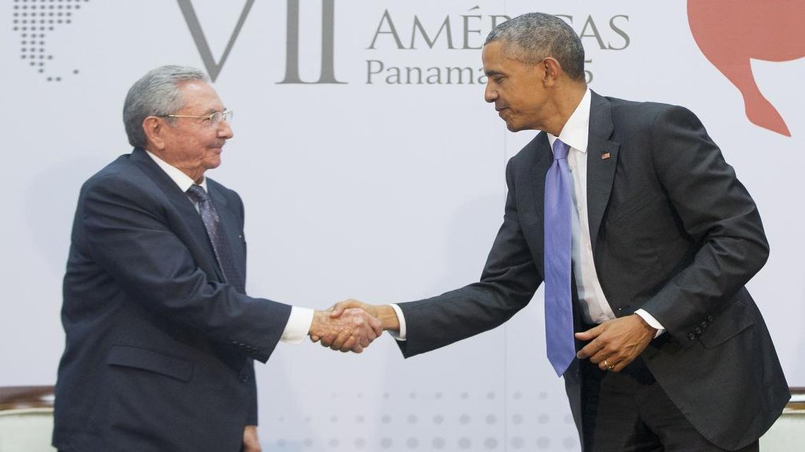 U.S. President Barack Obama and Cuban leader Raul Castro shake hands during their meeting at the Summit of the Americas in Panama City, Panama, April 11, 2015.