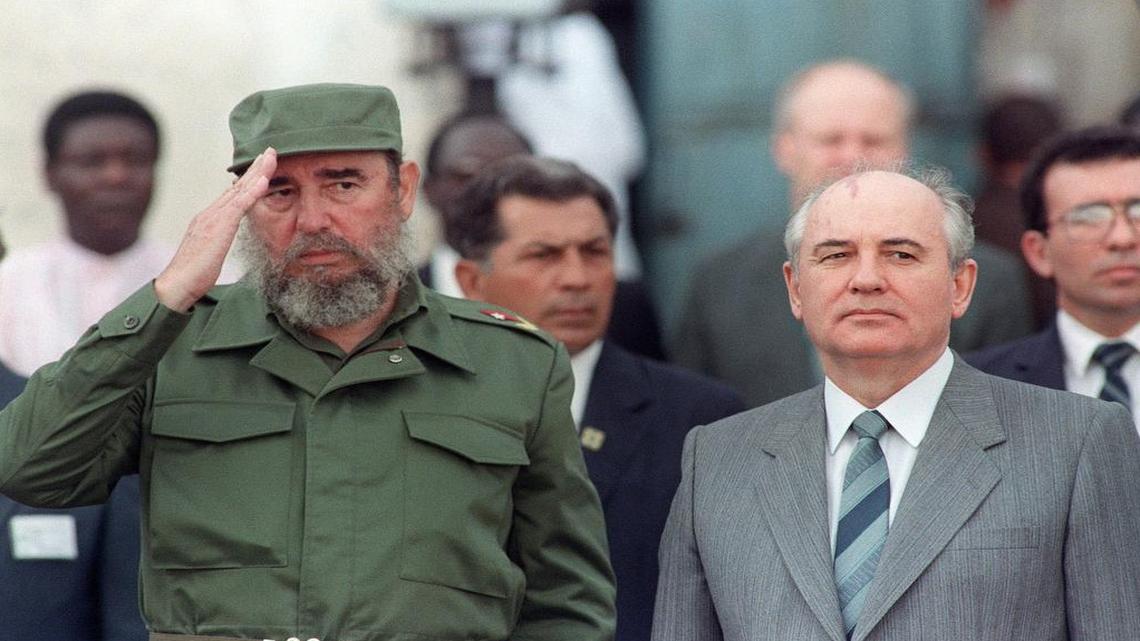 Cuban leader Fidel Castro welcomes Mikhail Gorbachev to Havana on April 2, 1989. 