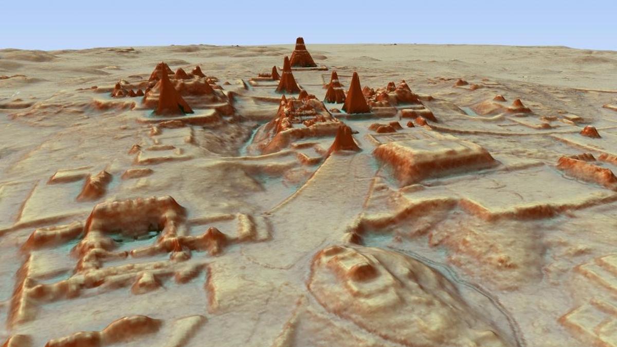 Esta imagen digital en 3D muestra la megaciudad maya hallada bajo la selva con escaneo láser. Los científicos revelaron la existencia de miles de estructuras y una red de autopistas que conectan ciudades y determinan el nivel cosmopolita que la civilización maya llegó a alcanzar.