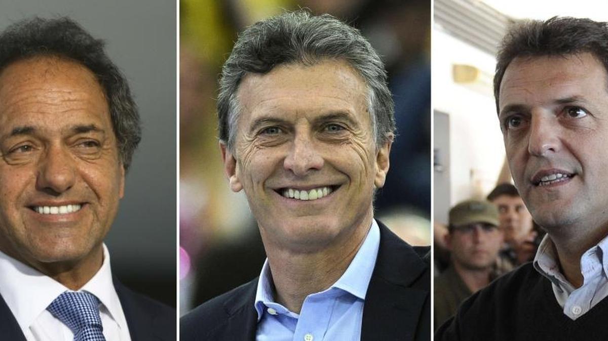 Los principales candidatos presidenciales de Argentina que lideran las encuestas para las elecciones del domingo: Daniel Scioli (izq.), gobernador de la provincia de Buenos Aires; Mauricio Macri (cen.) alcalde de Buenos Aires, y Sergio Massa, del Frente Renovador.