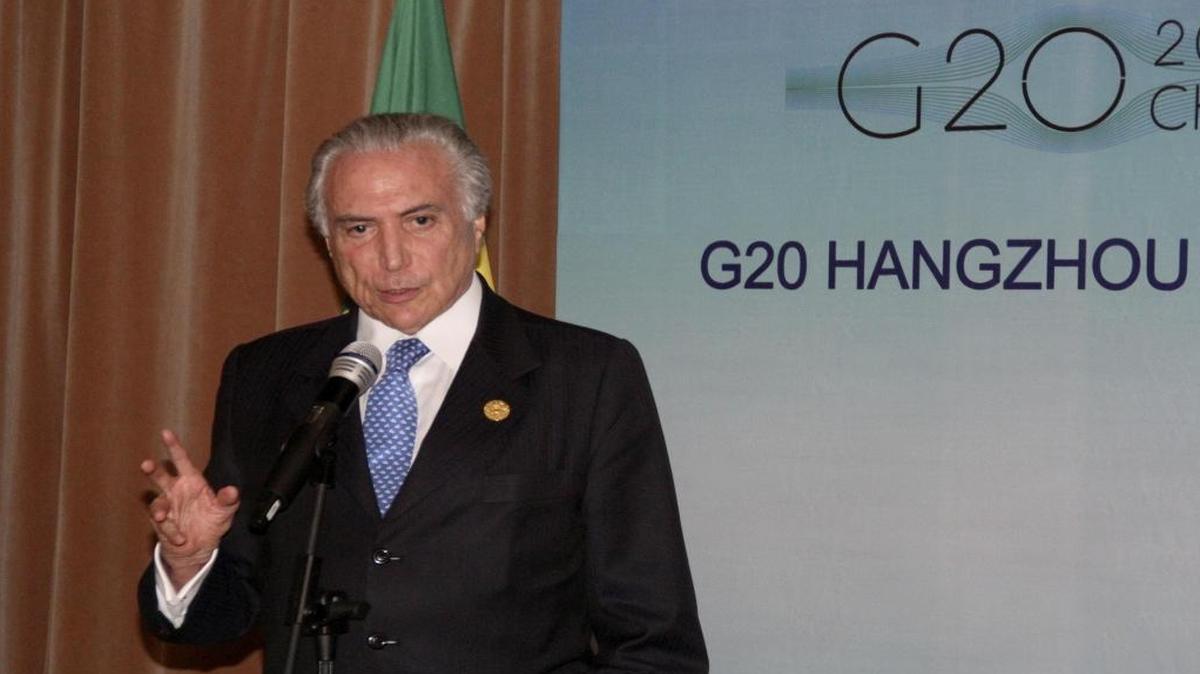 El presidente de Brasil, Michel Temer, durante su intervención ante la prensa tras su participación en la jornada inaugural de la cumbre anual del G20 en la ciudad china de Hangzhou.