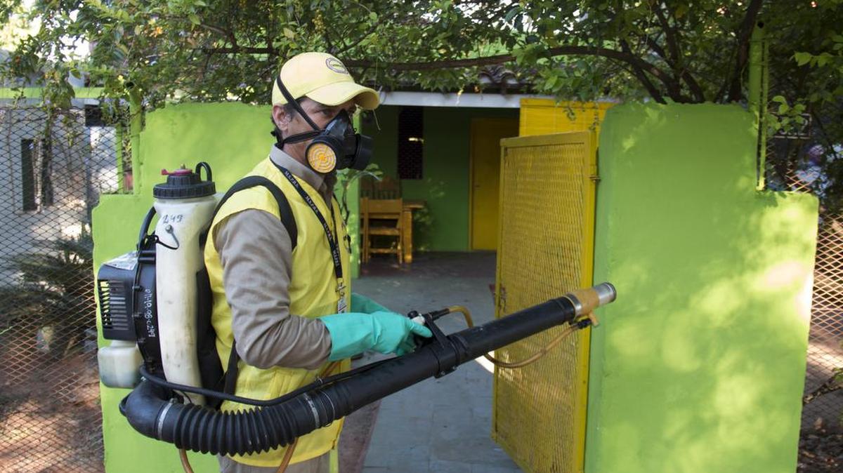 José Paquier, funcionario del Servicio Nacional de Prevención del Paludismo (Senepa) en Paraguay, fumiga el martes 19 de enero de 2016, una vivienda en el Barrio Obreo de Asunción.
