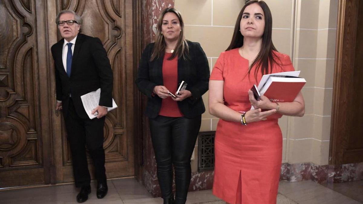El secretario general de la Organización de Estados Americanos (OEA), Luis Almagro, llega junto a la abogada Tamara Sujú (i), directora ejecutiva del Instituto CASLA, y la víctima de torturas en Venezuela Torbay Padilla (d) a una rueda de prensa el martes 27 de noviembre de 2018, en la sede del organismo en Washington, DC.
