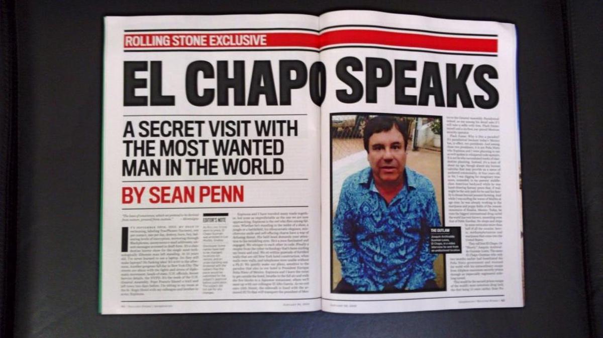Imagen de la revista Rollings Stones que muestra la entrevista que el actor estadounidense Sean Penn realizó en octubre del pasado año al entonces prófugo narcotraficante mexicano el Chapo "Guzmán", a través de la mediación de la actriz Kate del Castillo.