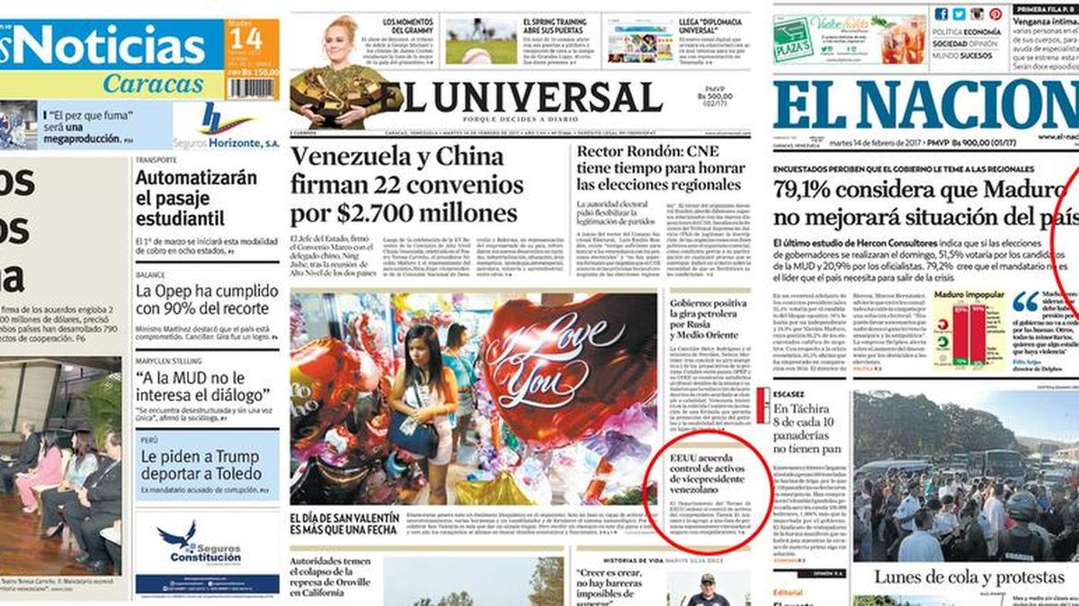 Comparación de las portadas de Últimas Noticias, El Universal y El Nacional y la relevancia dada al anuncio del Departamento de Tesoro de EEUU sobre Tareck El Aissami.