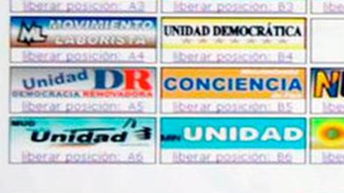 En la esquina inferior izquierda, están la tarjeta de la alianza opositora venezolana Mesa de la Unidad Democratica (MUD) y a su derecha, un partido con un nombre similar.