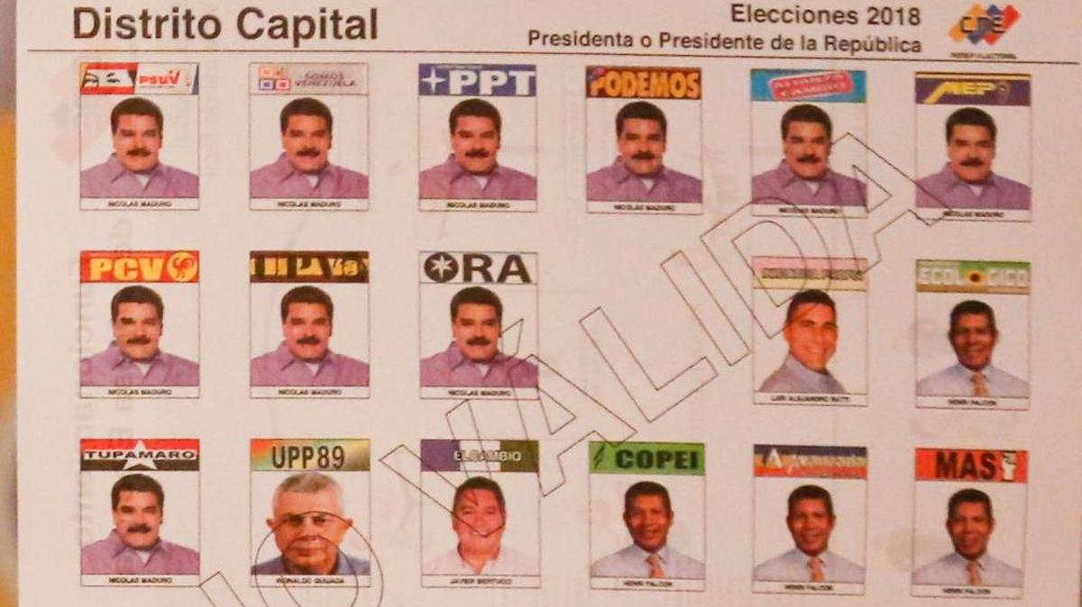 Fotografía del tarjetón para las elecciones presidenciales venezolanas que fue presentado por la presidenta del Consejo Nacional Electoral (CNE), Tibisay Lucena, durante una rueda de prensa el jueves 3 de mayo de 2018, en Caracas (Venezuela).