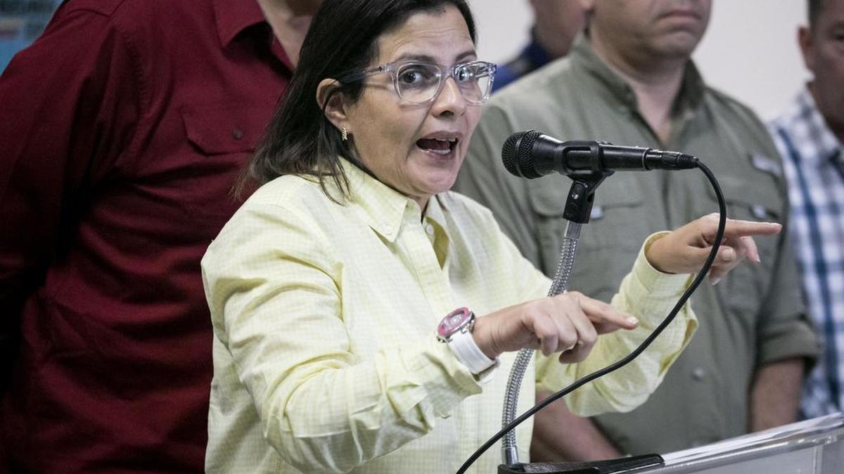 La coordinadora electoral de la Mesa de la Unidad Democrática (MUD), Liliana Hernández, ofrece declaraciones a la prensa el lunes 16 de octubre del 2017, en Caracas, Venezuela.