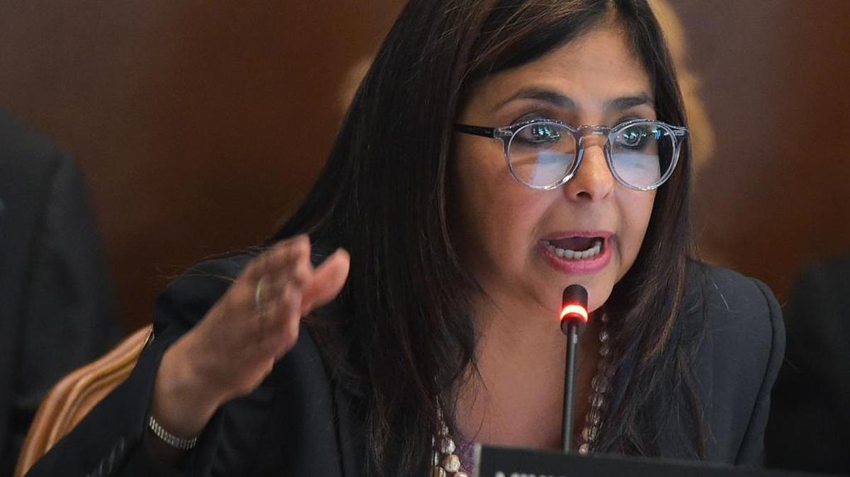 La canciller venezolana Delcy Rodríguez habla ante la Organización de Estados Americanos, el 5 de mayo en Washington D.C.
