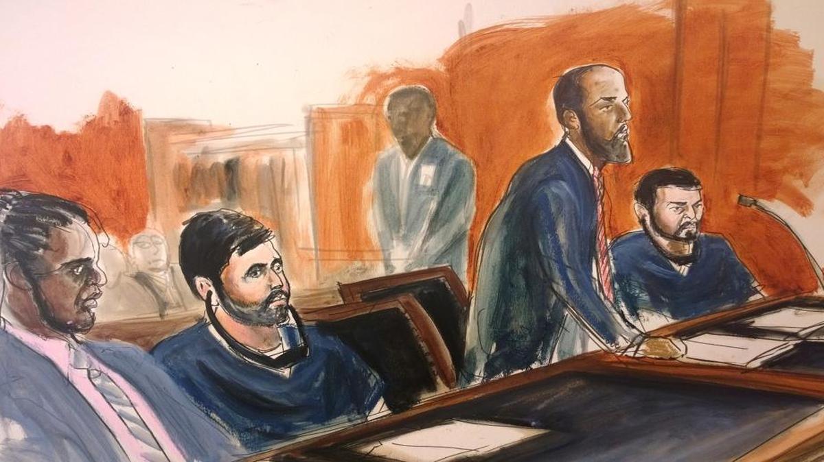 Dibujo sobre el caso por narcotráfico en la Corte Federal de Manhattan contra los sobrinos de la esposa de Nicolás Maduro, Antonio Campo Flores (2do izq.) y Francisco Flores De Freitas (der.).