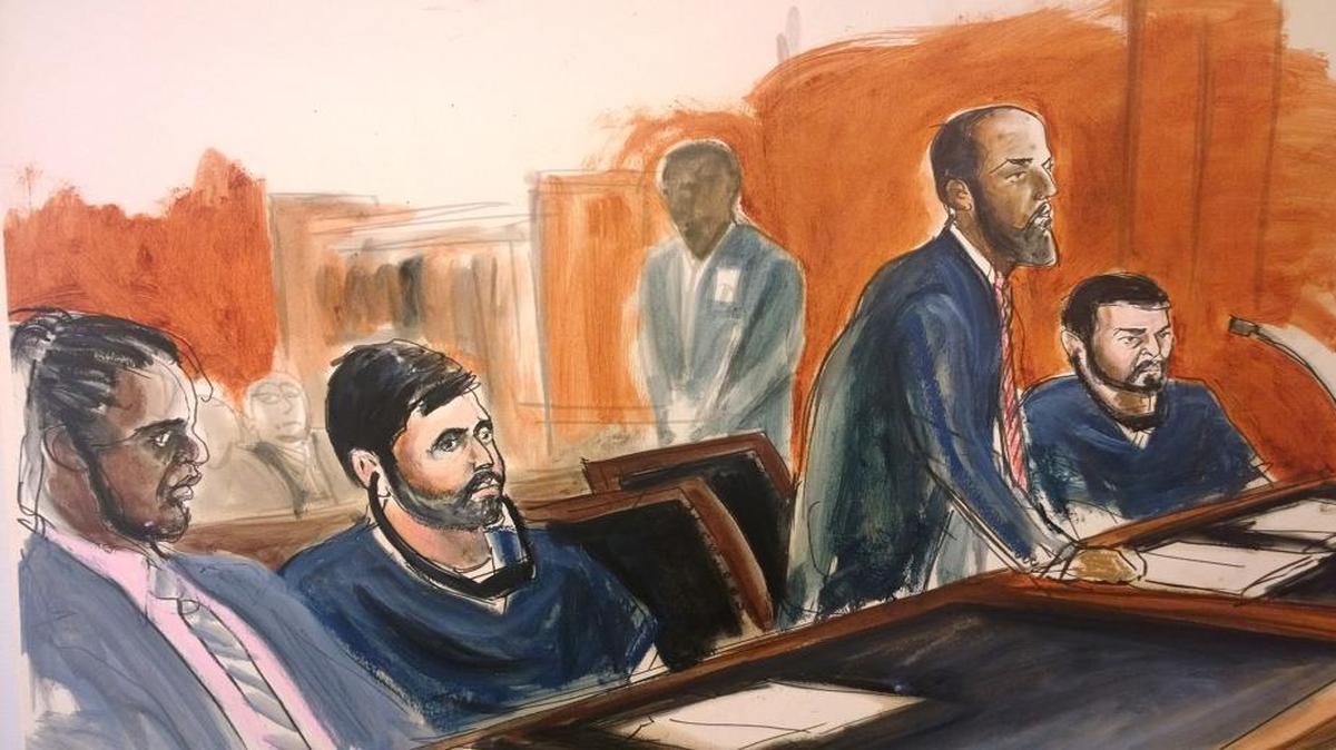 Dibujo sobre el caso por narcotráfico en la Corte Federal de Manhattan contra los sobrinos de la esposa de Nicolás Maduro, Antonio Campo Flores (2do izq.) y Francisco Flores De Freitas (der.).
