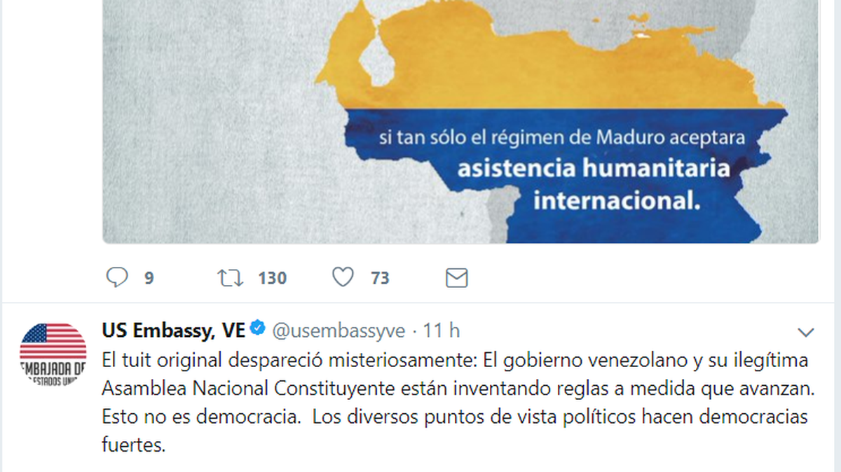 La embajada de Estados Unidos en Venezuela aseguró que el gobierno de Nicolás Maduro y la Asamblea Constituyente “están inventando reglas” que perjudican la democracia.