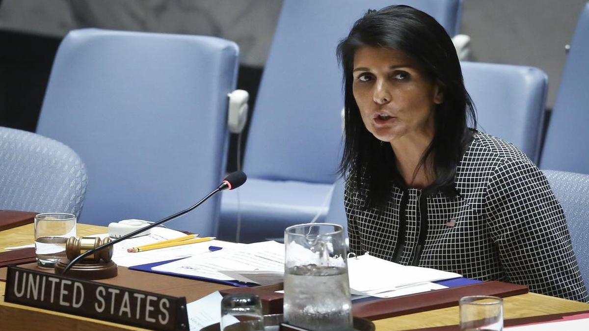 Nikki Haley, embajadora de EEUU en la ONU, hace una intervención el 12 de abril de 2017 en el Consejo de Seguridad de las Naciones Unidas, en Nueva York.