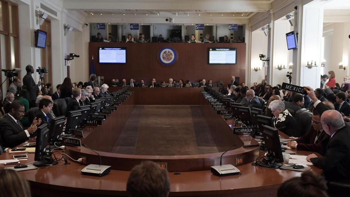 Una vista de la sala de reuniones en la sesión extraordinaria de la OEA para tratar la crisis venezolana este martes en Washington.