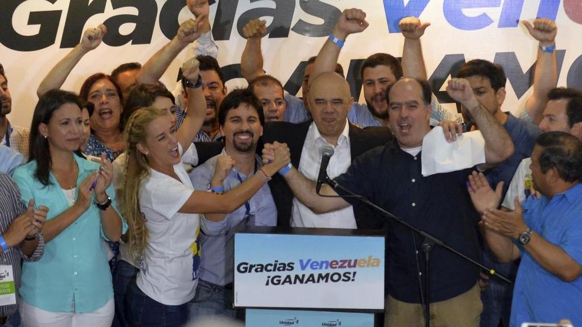 Representantes de la oposición celebran el triunfo en las elecciones parlamentarias del 6 de diciembre.