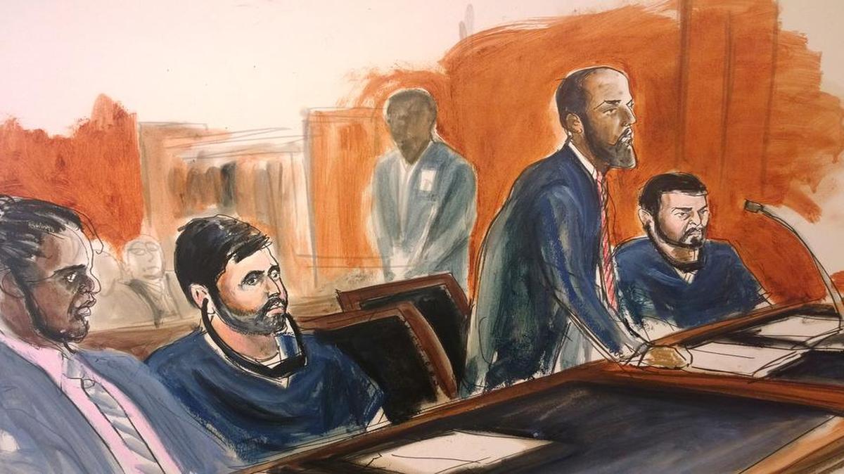 Dibujo hecho en la corte federal de Manhattan el 17 de diciembre del 2015 que muestra los sobrinos de la primera dama de Venezuela, Efraín Antonio Campo Flores, segundo de izquierda a derecha, y a Franqui Francisco Flores De Freitas, a la de derecha.