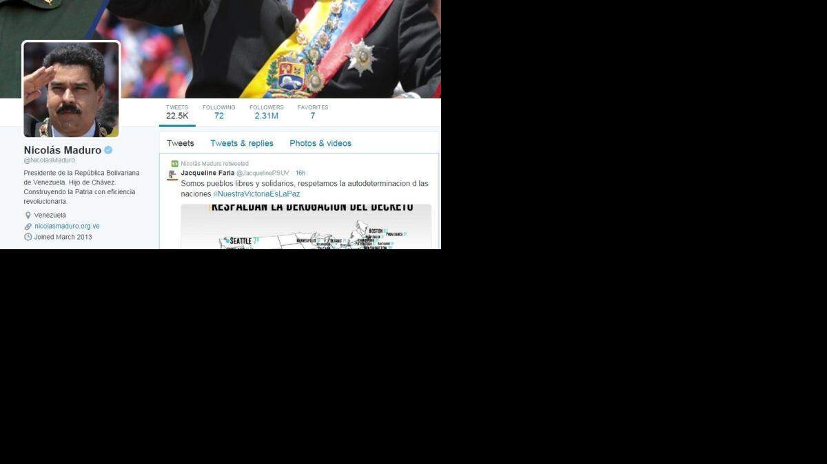 La cuenta de Twitter del presidente venezolano Nicolás Maduro, quien tiene más de 2 millones de seguidores.