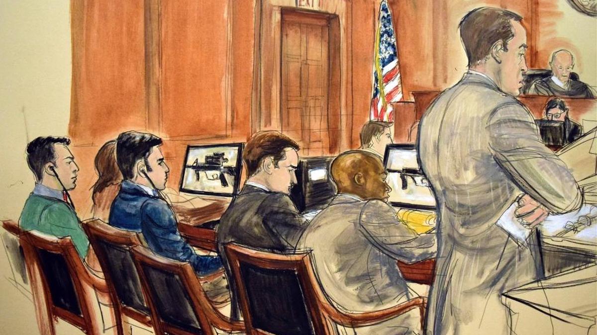 Dibujo del juicio de Francisco Flores de Freitas, de 31 años, y su primo Efraín Antonio Campos Flores, sobrinos de Cilia Flores, la esposa del gobernante venezolano Nicolás Maduro.