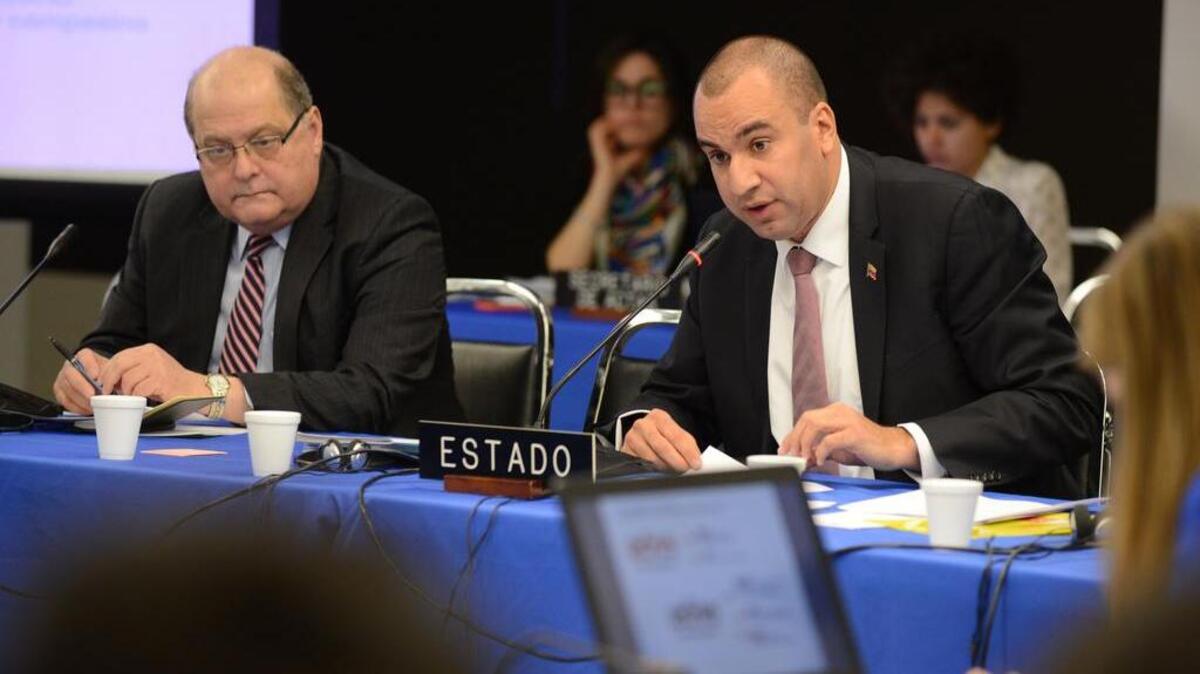 Fotografía de divulgación que muestra al embajador de Venezuela ante la Organización de Estados Americanos (OEA), Bernardo Álvarez (i) junto a Larry Devoe (d), secretario ejecutivo del Consejo Nacional de Derechos Humanos de Venezuela, este lunes 4 de abril en Washington DC, en la audiencia solicitada por ese país ante la Comisión Interamericana de Derechos Humanos CIDH para defender su Plan Nacional de Derechos Humanos 2016-2019.
