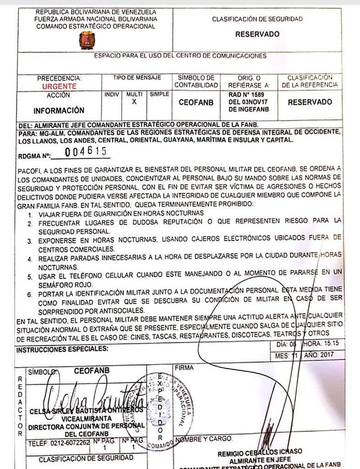 Radiograma emitido a inicios de noviembre en donde ordenan al personal militar abstenenerse de viajar en carretera y usar los cajeros automáticos de noche.