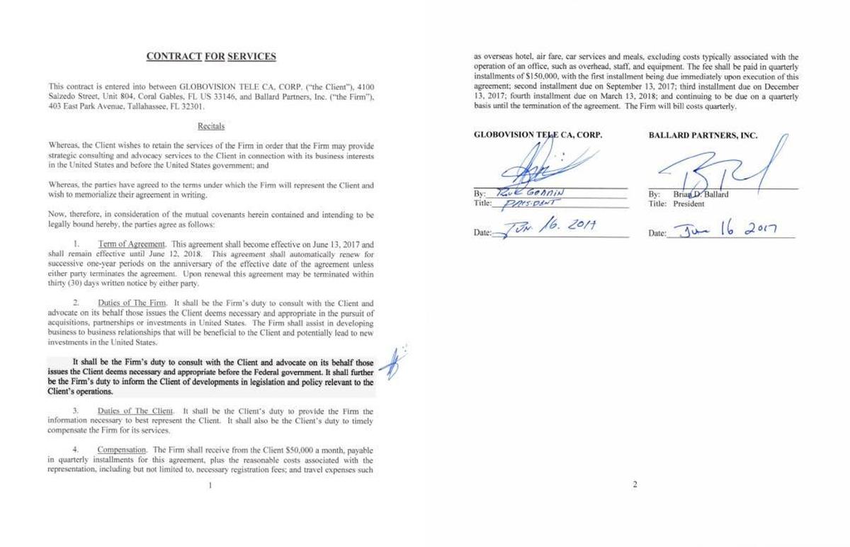 El contrato entre la filial estadounidense de Globovisión y Ballard Partners. (Texto resaltado por el Nuevo Herald)