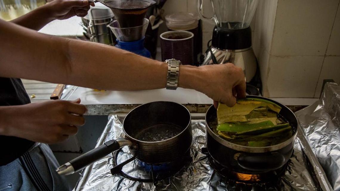 Vista de la cáscara del plátano durante su cocción el 31 de julio de 2016, para preparar carne mechada hecha a base de la concha del plátano verde, dando como resultado un plato vegetariano que termina teniendo la misma apariencia de la proteína de res luego de cortar la piel del vegetal en hilos finos, cocer en agua, pisar con un tenedor, y guisar en un sofrito, en la ciudad de Caracas.