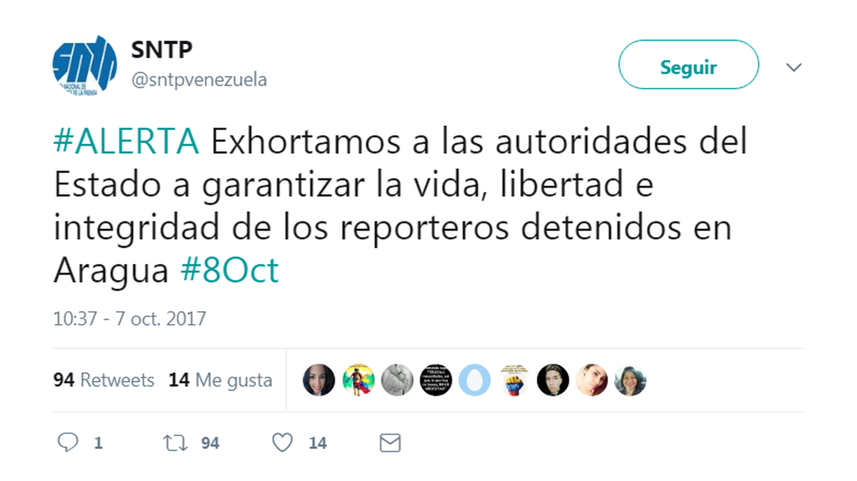 El Sindicato Nacional de Trabajadores de la Prensa de Venezuela (Sntp) denunció la detención del periodista venezolano Jesús Medina y los corresponsales extranjeros Roberto Di Matteo y Filippo Rossi.