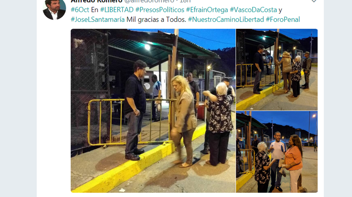 El director ejecutivo de la ONG Foro Penal Venezolano (FPV), Alfredo Romero, informa de la liberación de los presos políticos Vasco Da Costa, José Luis Santamaría y Efraín Ortega.