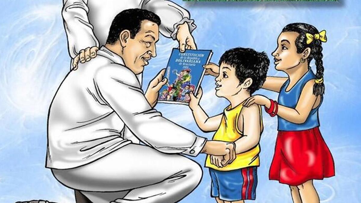 Imagen de Chávez y Bolívar en edición de la Constitución de la República de Venezuela, impresa para ser distribuida en centros educativos.