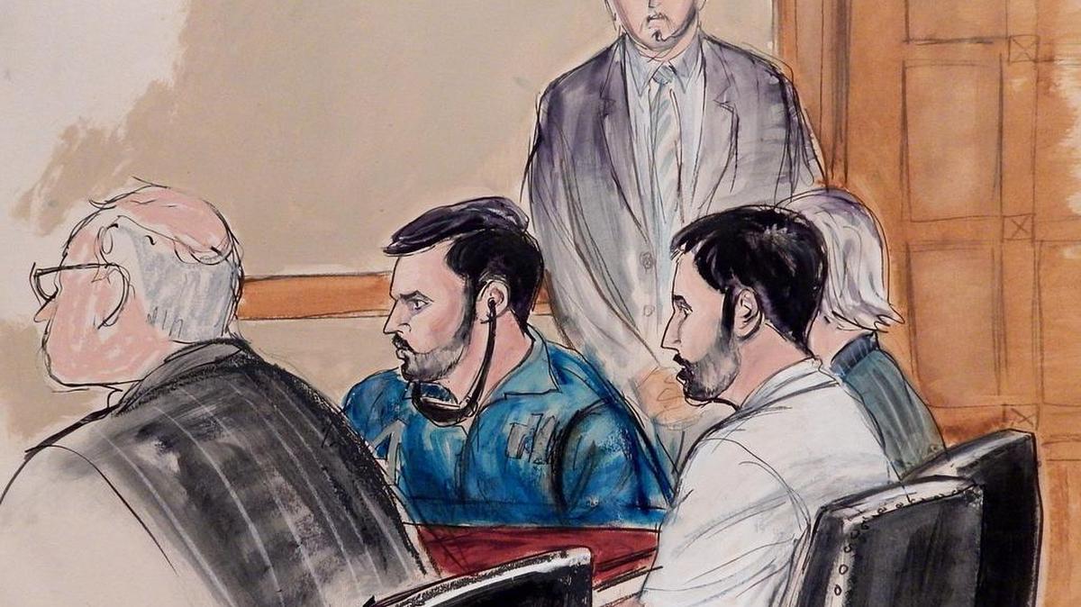 Un boceto muestra a los familiares del presidente venezolano Nicolás Maduro, Efraín Antonio Campo Flores y Francisco Flores de Freitas, en un tribunal de Nueva York el 12 de noviembre.