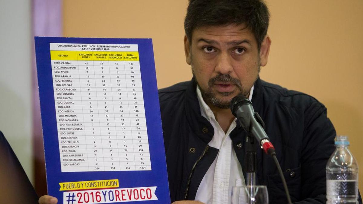 El líder opositor venezolano Carlos Ocariz habla con la prensa el jueves 16 de junio del 2016, en la ciudad de Caracas (Venezuela).