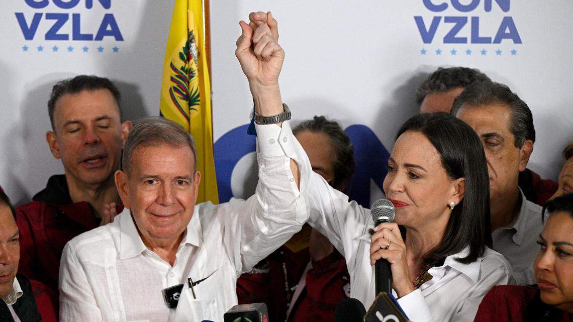 Venezuelan opposition leader Maria Corina Machado talks to the media, accompanied by opposition presidential candidate Edmundo Gonzalez Urrutia, following the presidential election results in Caracas on July 29, 2024.