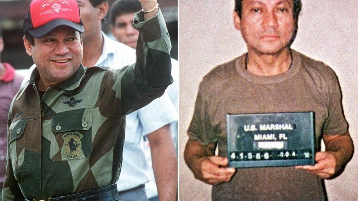 El general panameño Manuel Antonio Noriega en 1989 durante su dictadura, y a la der., en enero de 1990 en Florida, al enfrentar la justicia.